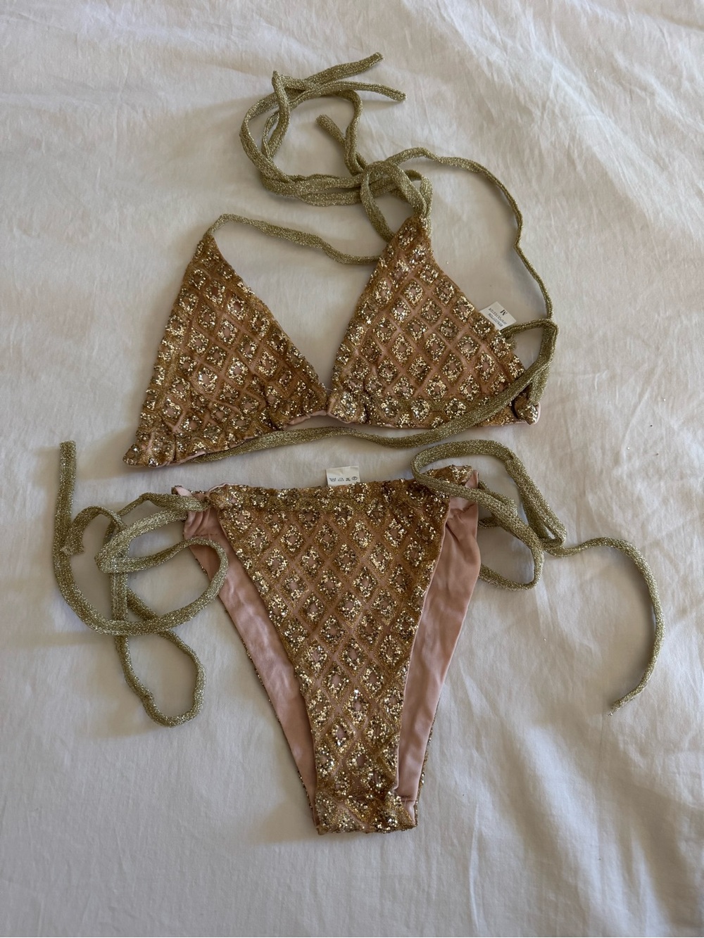 SHEIN Rose Gold Sequin Tie-Side Bikini Set